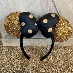 Disney Parks Black Bow Golden Mickey Minnie Mouse Sequin Ears Headband